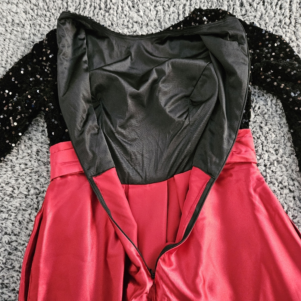 Black & Red Maxi Dress M Medium Sequined Satin Long Sleeve Formal Gown AO YAN - Picture 5 of 12